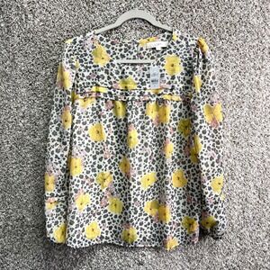 LOFT Top Women's M Yellow Floral and Leopard Print Lurex Stripe Long Sleeve NWT